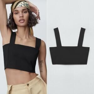 ZARA Black Knit Cropped Square Neck Tank Top Sleeveless Women's S